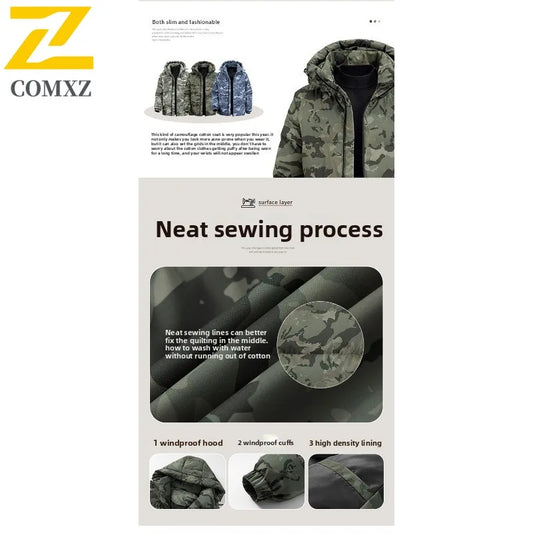2025 Men's Camo Hooded Jacket Winter Thermal Coat Waterproof Windproof Military Style Outdoor Travel Parka with Fleece Lining