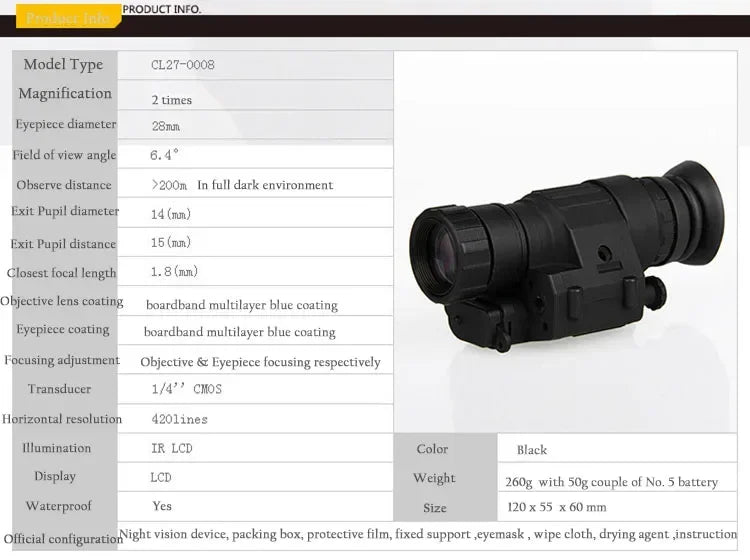PVS-14 Head Mounted Built-in IR Illumination Patrol Hunting Infrared Night Vision, 2x28 Tactical Digital Monocular for Helmet