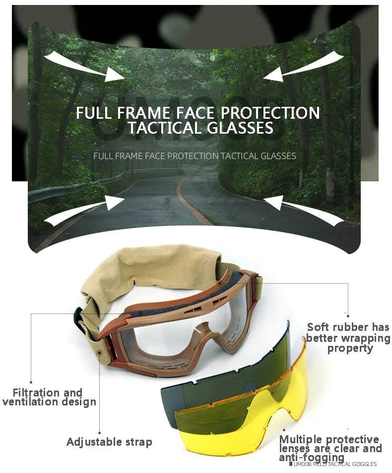 Outdoor motorcycle mountaineering sports glasses CS goggles tactical goggles 3 lens windproof and dustproof shooting off-road
