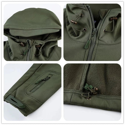 Men's Winter Military Cargo SharkSkin Fleece Jackets Tactical Pants Coat Hood Camping Fishing Trekking Hiking Hunting Trousers