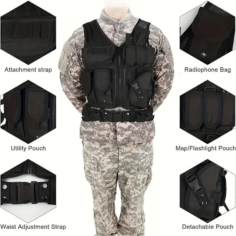 Military Tactical Multi-Functional Vest - Quick Release MOLLE System, Multiple Pockets for Airsoft CS Security Outdoor Gear