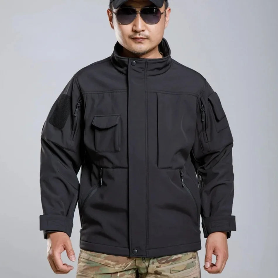 Soft Shell Tactical Set Mens Winter Thicken Black Outdoors Training Suit Multi Pocket Combat Jacket+Fleece Charge Pant 2-Pcs Set