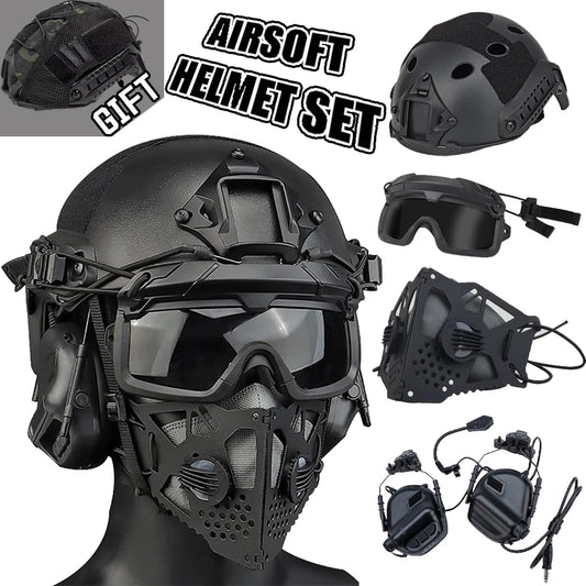 Tactical Fast Helmet Adjustable Mask Goggles Airsoft Headset Set Outdoor Hunting Shooting Paintball Tactical Airsoft Helmets Set