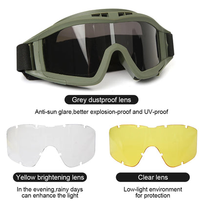 Outdoor motorcycle mountaineering sports glasses CS goggles tactical goggles 3 lens windproof and dustproof shooting off-road