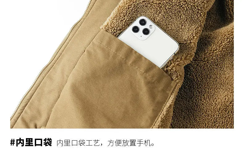 Autumn and Winter Moto Riding Jacket  Velvet Cotton Coat Thickened and Warm Loose Lapel Pure Cotton Work Jacket Casual Sherpa