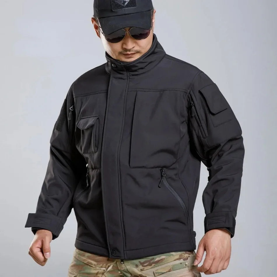 Soft Shell Tactical Set Mens Winter Thicken Black Outdoors Training Suit Multi Pocket Combat Jacket+Fleece Charge Pant 2-Pcs Set