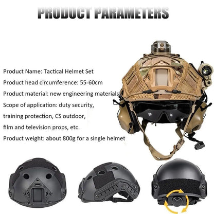 Fast Tactical Helmet Set with HD Headset and Goggles Helmet Cover for Outdoor CS Games Airgun Paintball Shooting Role Playing