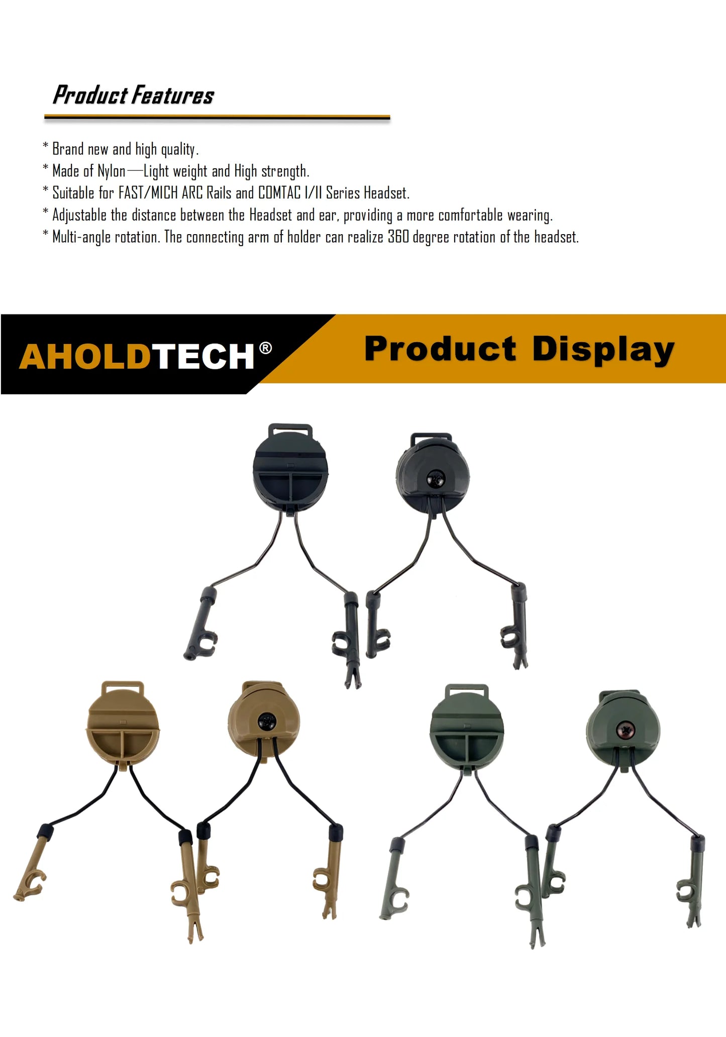 AHOLDTECH Tactical Fast MICH Helmet ARC Rail holder 360-degree rotation adjustment headphone bracket For COMTAC I II Headset