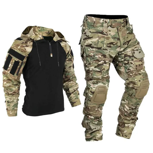 Men Clothing Uniform Tactical Shirts Hooded Combat Camo Hunting Shirts Pants +Knee Pads Suits Cargo Pants Men Wear-resisting