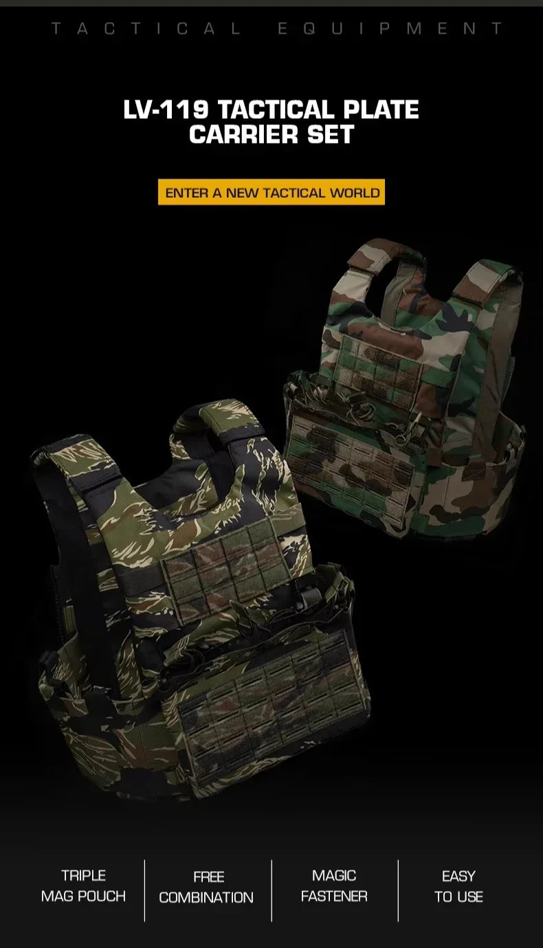 SS Style LV119 Plate Carrier Set 2in1 Fast Switchable Chest Rig for Airsoft Hunting Vest Lightweight Carry Tiger Stripe Camo Mag