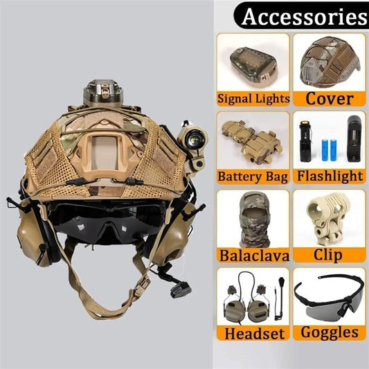 Fast Tactical Helmet Set with HD Headset and Goggles Helmet Cover for Outdoor CS Games Airgun Paintball Shooting Role Playing