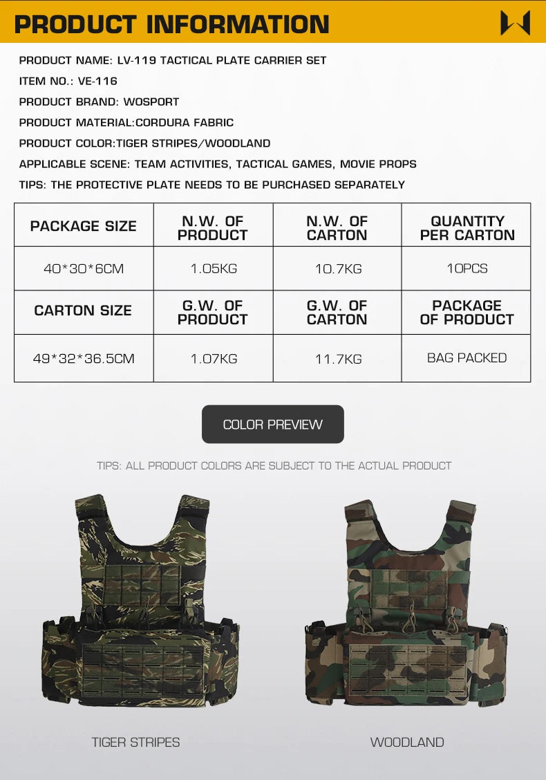 SS Style LV119 Plate Carrier Set 2in1 Fast Switchable Chest Rig for Airsoft Hunting Vest Lightweight Carry Tiger Stripe Camo Mag