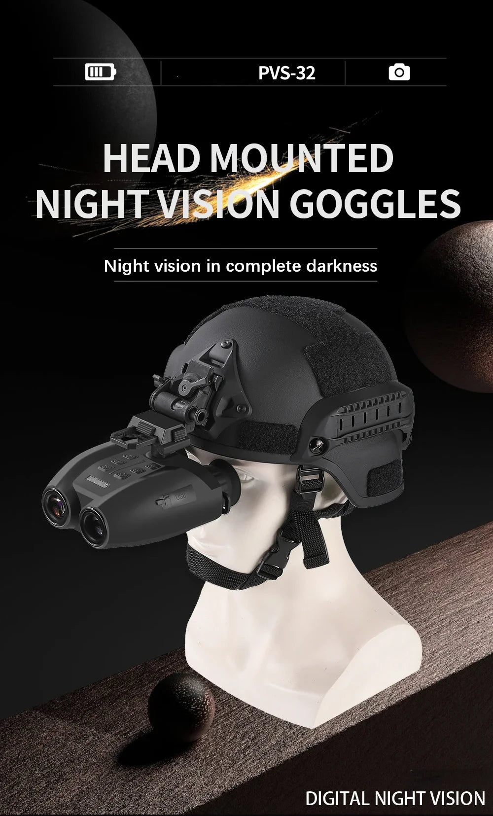 PVS-32 HD 1080P Video Camera 8X Zoom NVG Mount Head Mounted Infrared Night Binoculars New Tacticle Helmet Night Vision Goggles