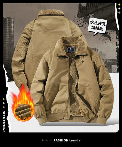 Autumn and Winter Moto Riding Jacket  Velvet Cotton Coat Thickened and Warm Loose Lapel Pure Cotton Work Jacket Casual Sherpa