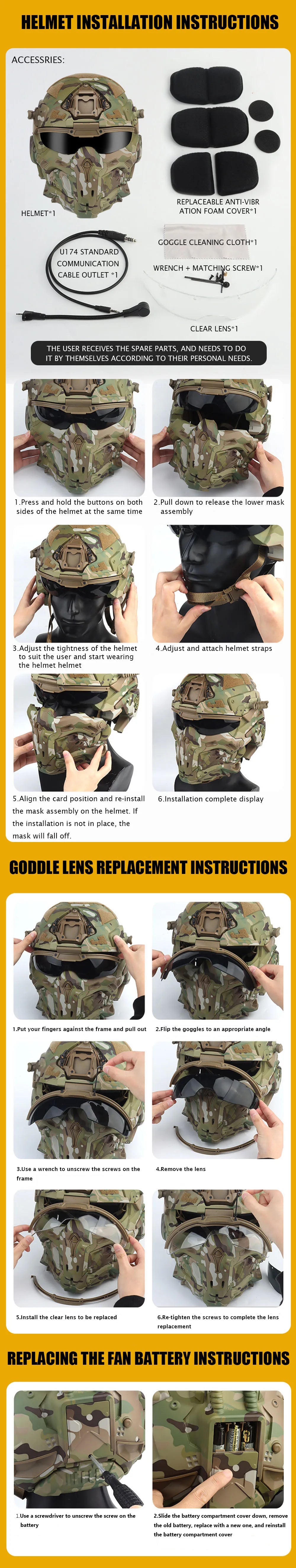 Tactical Assault Helmet Protective Mask Integrated Modular Helmet Built-in Headset Anti-fog Fan Reversible Goggle Airsoft Helmet