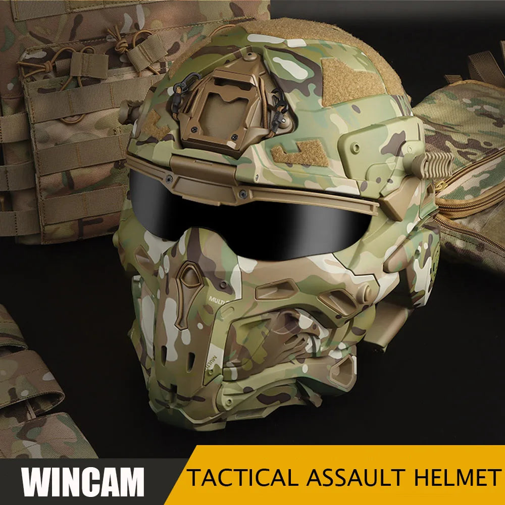 Tactical Assault Helmet Protective Mask Integrated Modular Helmet Built-in Headset Anti-fog Fan Reversible Goggle Airsoft Helmet