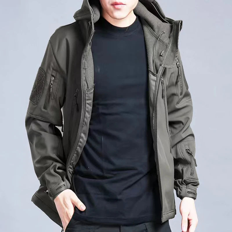 Men's Winter Military Cargo SharkSkin Fleece Jackets Tactical Pants Coat Hood Camping Fishing Trekking Hiking Hunting Trousers
