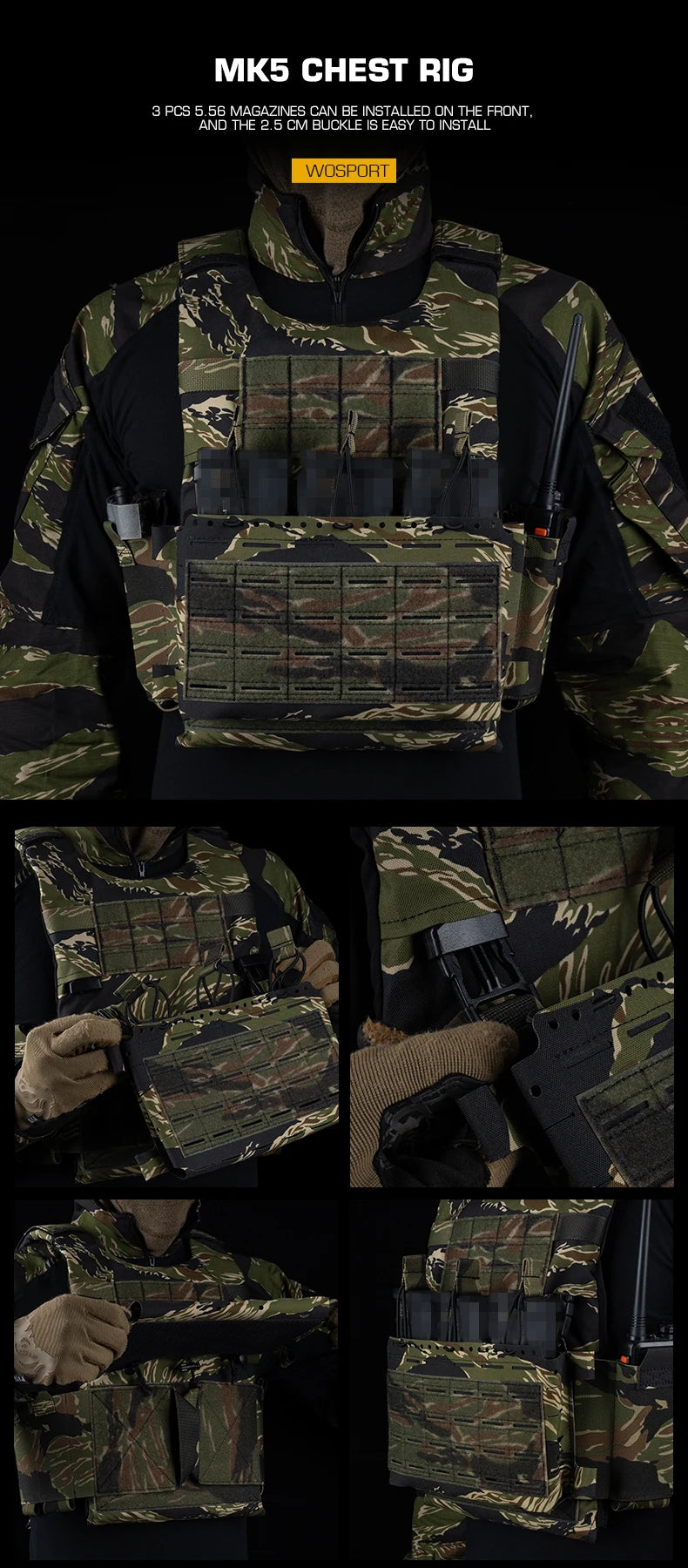 SS Style LV119 Plate Carrier Set 2in1 Fast Switchable Chest Rig for Airsoft Hunting Vest Lightweight Carry Tiger Stripe Camo Mag