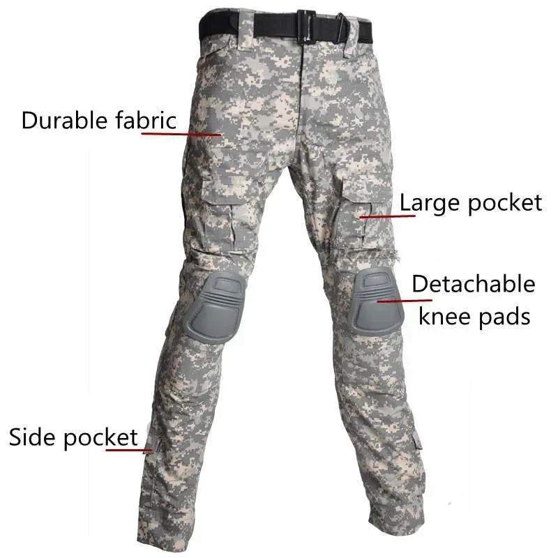 Men Clothing Uniform Tactical Shirts Hooded Combat Camo Hunting Shirts Pants +Knee Pads Suits Cargo Pants Men Wear-resisting