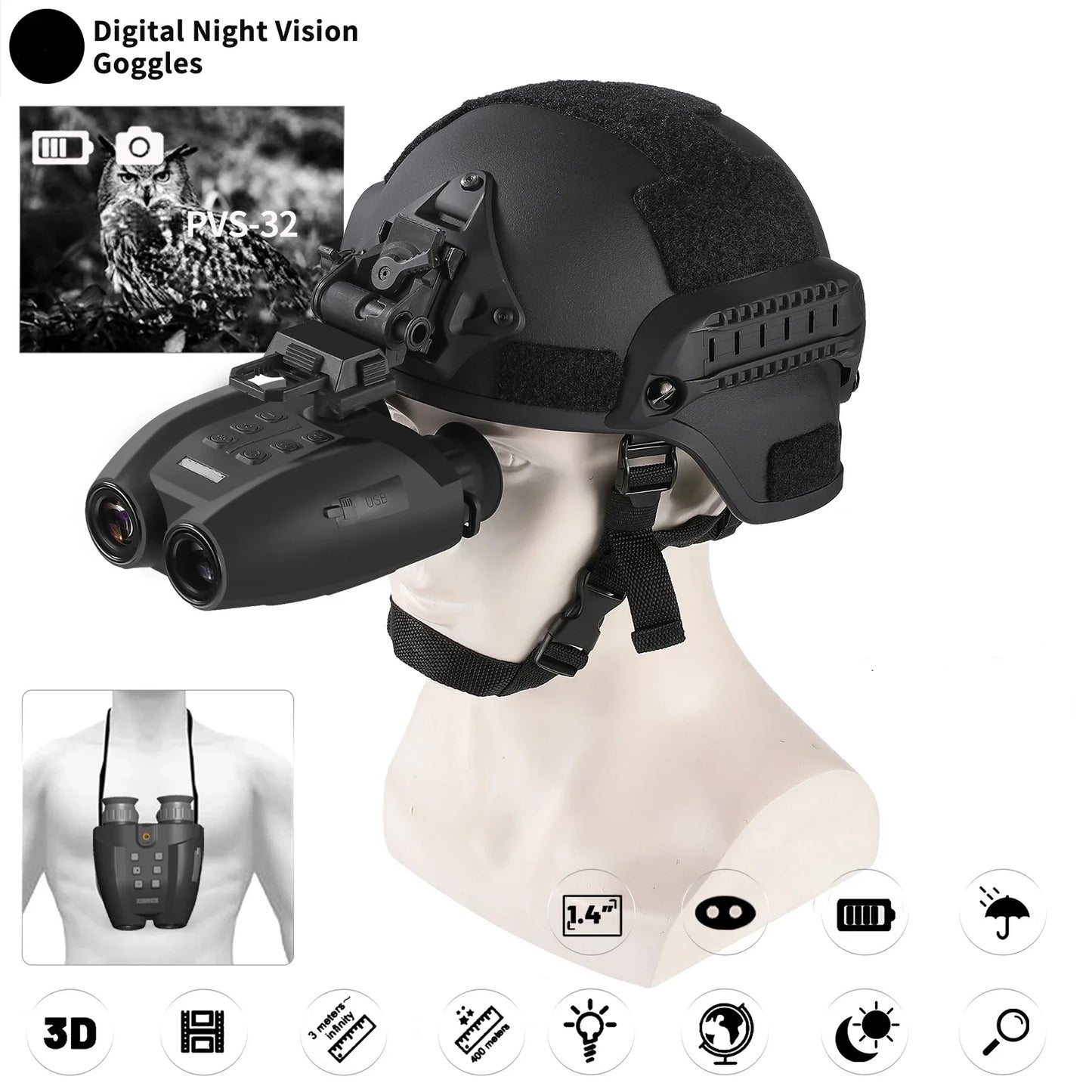 PVS-32 HD 1080P Video Camera 8X Zoom NVG Mount Head Mounted Infrared Night Binoculars New Tacticle Helmet Night Vision Goggles