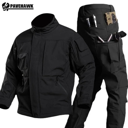 Soft Shell Tactical Set Mens Winter Thicken Black Outdoors Training Suit Multi Pocket Combat Jacket+Fleece Charge Pant 2-Pcs Set