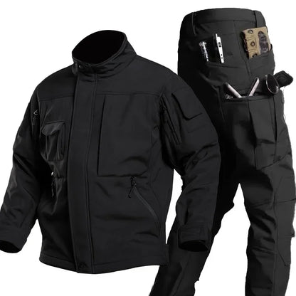 Soft Shell Tactical Set Mens Winter Thicken Black Outdoors Training Suit Multi Pocket Combat Jacket+Fleece Charge Pant 2-Pcs Set