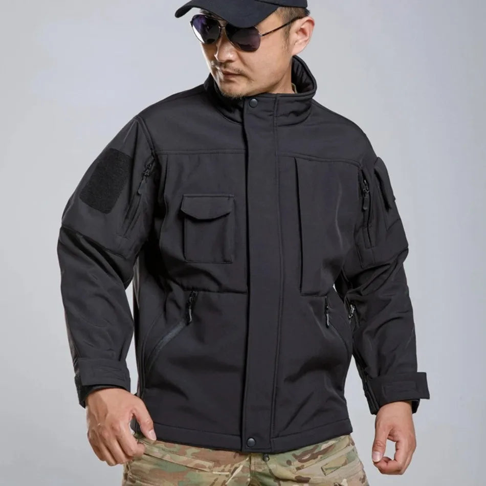 Soft Shell Tactical Set Mens Winter Thicken Black Outdoors Training Suit Multi Pocket Combat Jacket+Fleece Charge Pant 2-Pcs Set