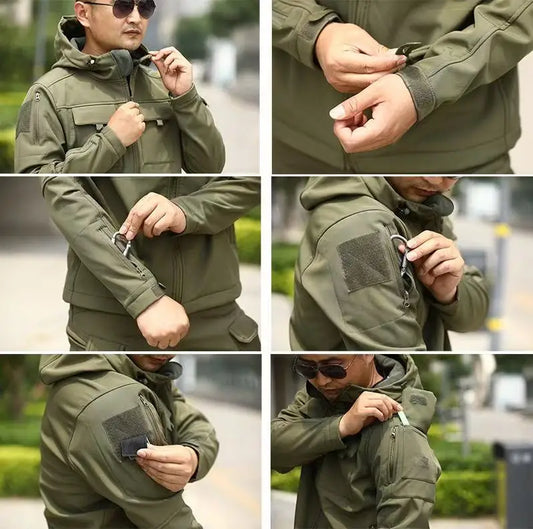 Men's Winter Military Cargo SharkSkin Fleece Jackets Tactical Pants Coat Hood Camping Fishing Trekking Hiking Hunting Trousers