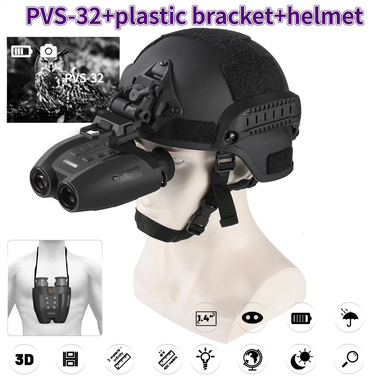 PVS-32 HD 1080P Video Camera 8X Zoom NVG Mount Head Mounted Infrared Night Binoculars New Tacticle Helmet Night Vision Goggles