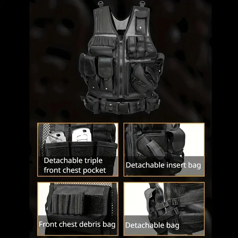 Military Tactical Multi-Functional Vest - Quick Release MOLLE System, Multiple Pockets for Airsoft CS Security Outdoor Gear